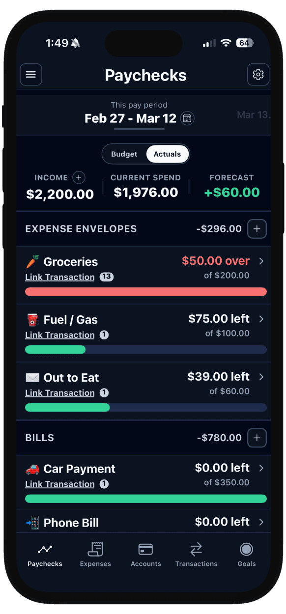 Paychecks screen in the Paycheck by Paycheck app